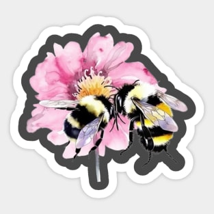 Bees in Watercolor Sitting on A Pink Flower Sticker